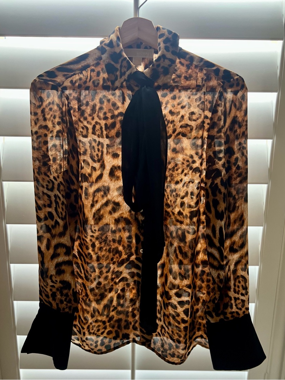 MICHAEL Michael Kors Leopard Print Tie-Neck Blouse with Black Accents Size 2 (S)